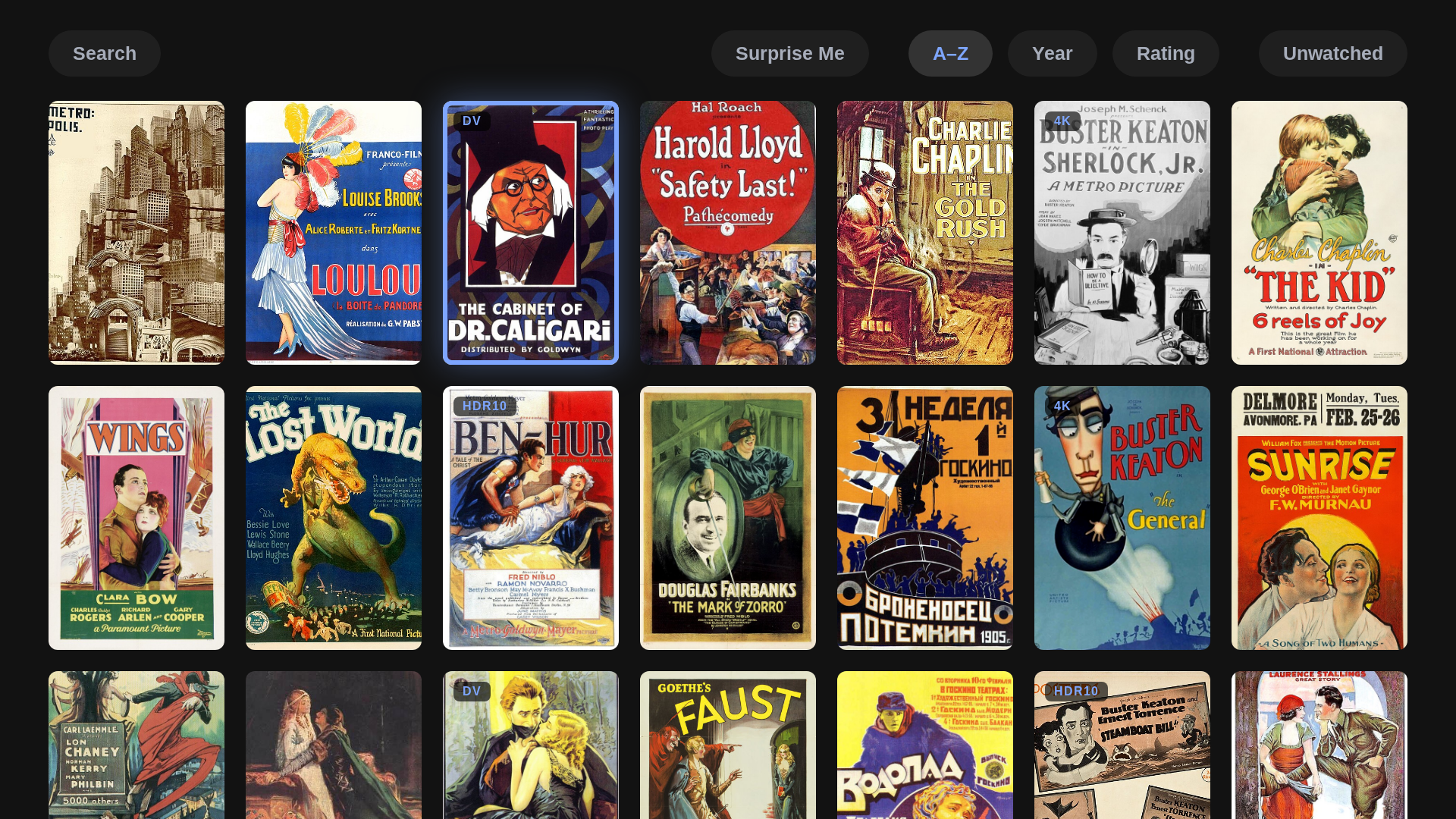 Movie library grid with the A–Z quick-jump strip