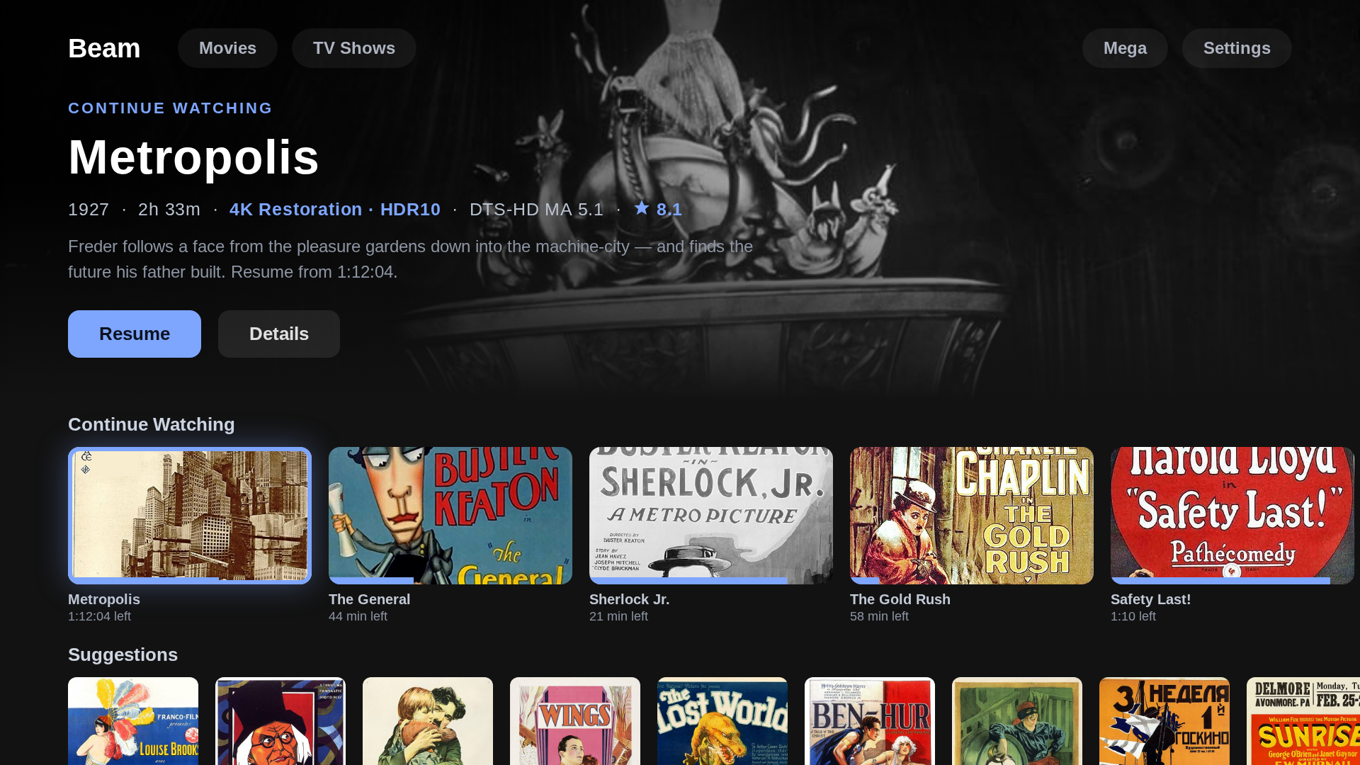 Beam home hub — a cinematic hero over Continue Watching and Suggestions rails