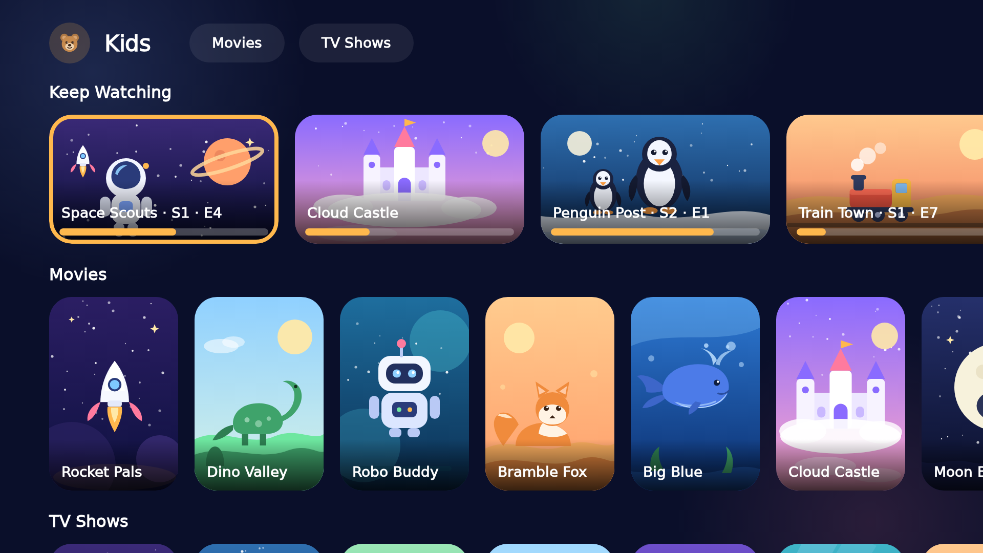The Kids hub — Keep Watching, Movies and TV Shows rails of big picture cards