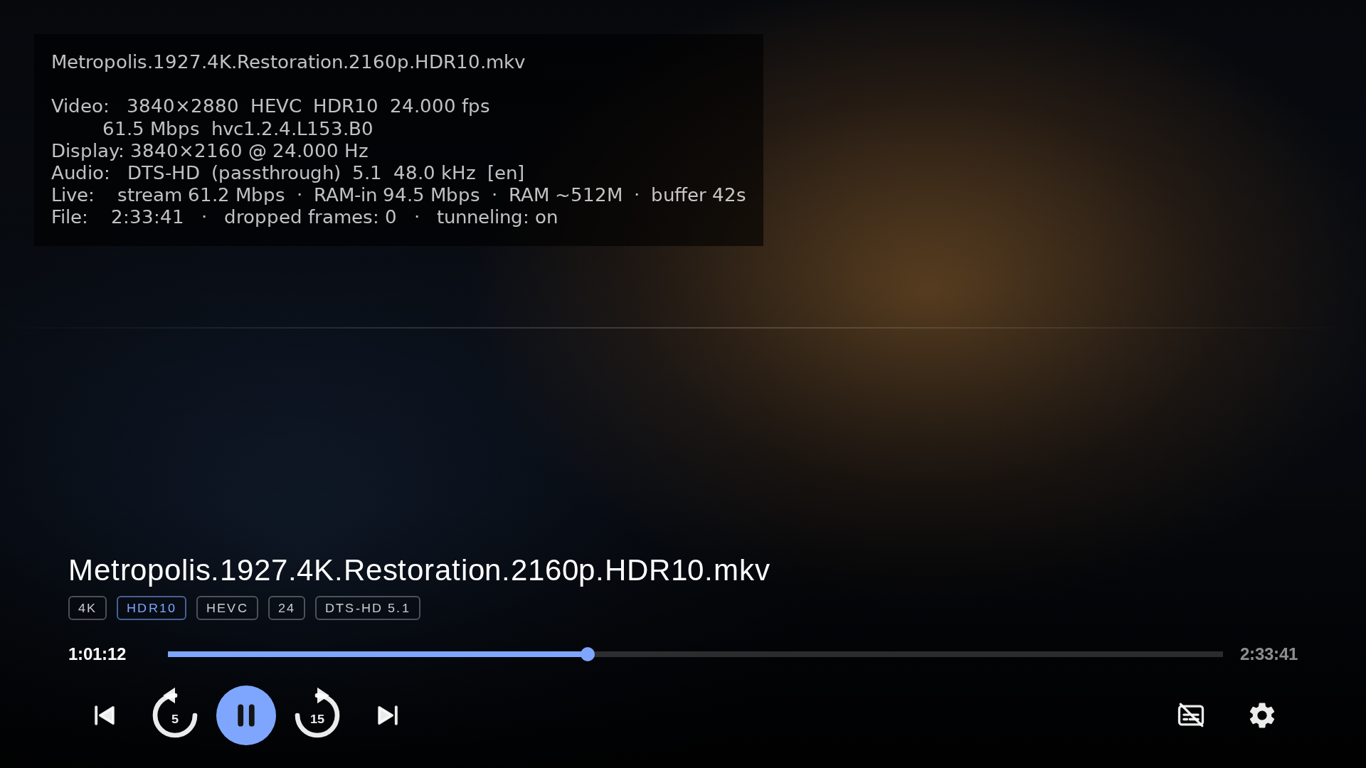 Player with the live stats overlay — codec, fps, bitrate and engine RAM