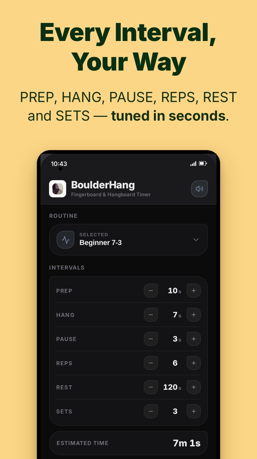 Interval setup — prep, hang, pause, reps, rest and sets, each tuned in seconds