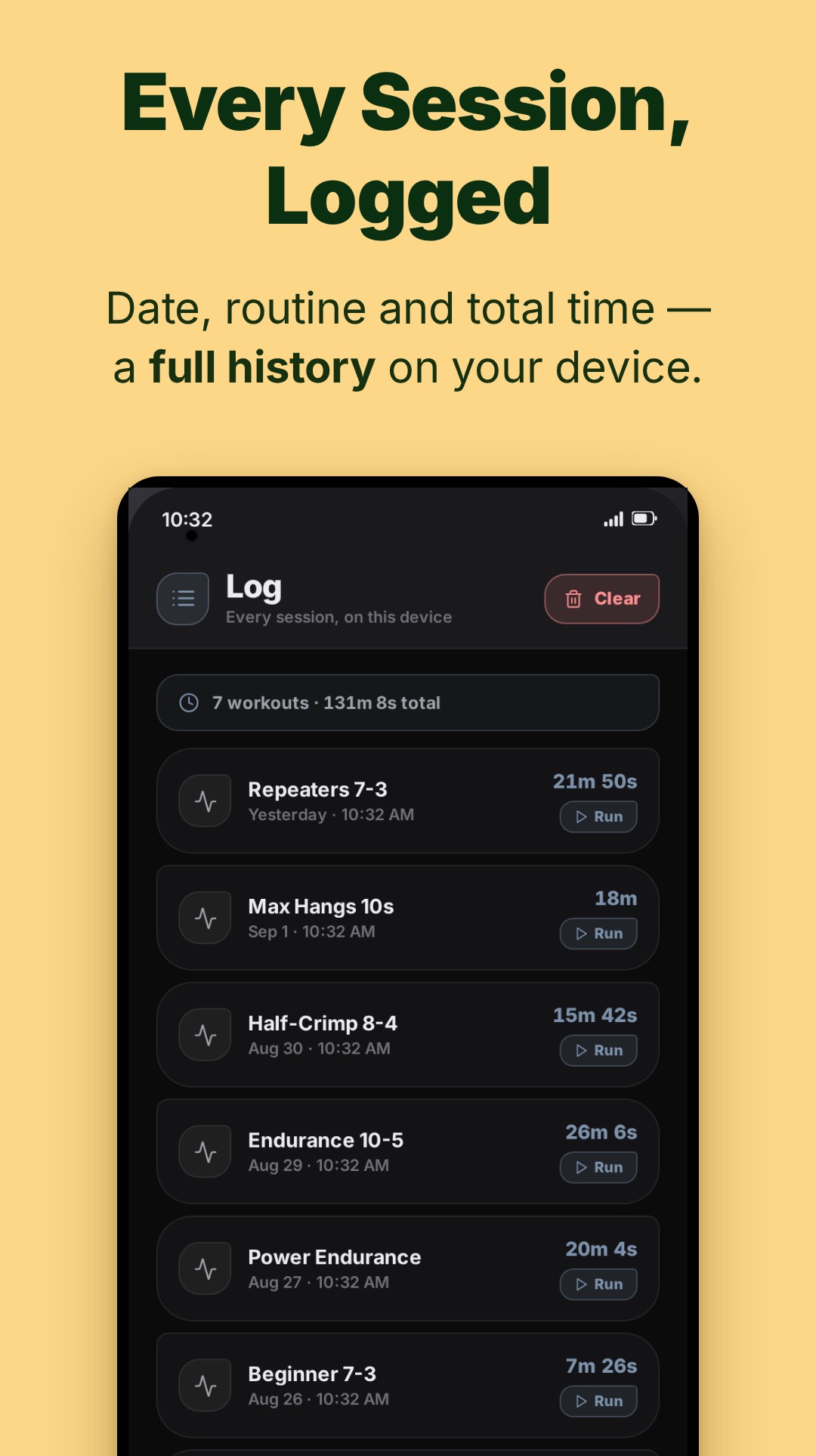 The log — every session with its date, routine name, total time and a run-again button