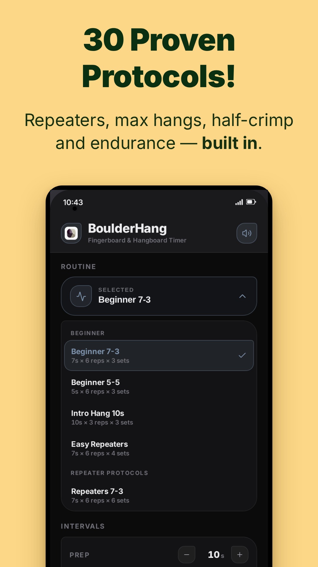 The routine picker — 30 built-in protocols grouped by family