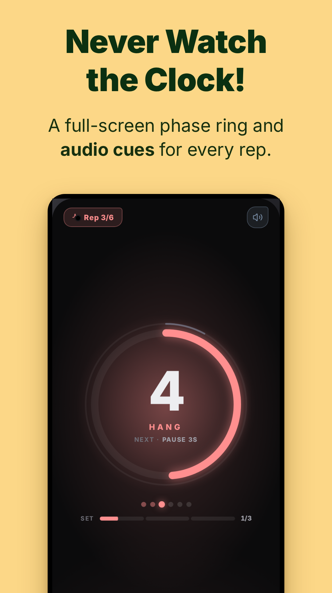 The active timer — a full-screen phase ring counting down a hang, with the next phase named below