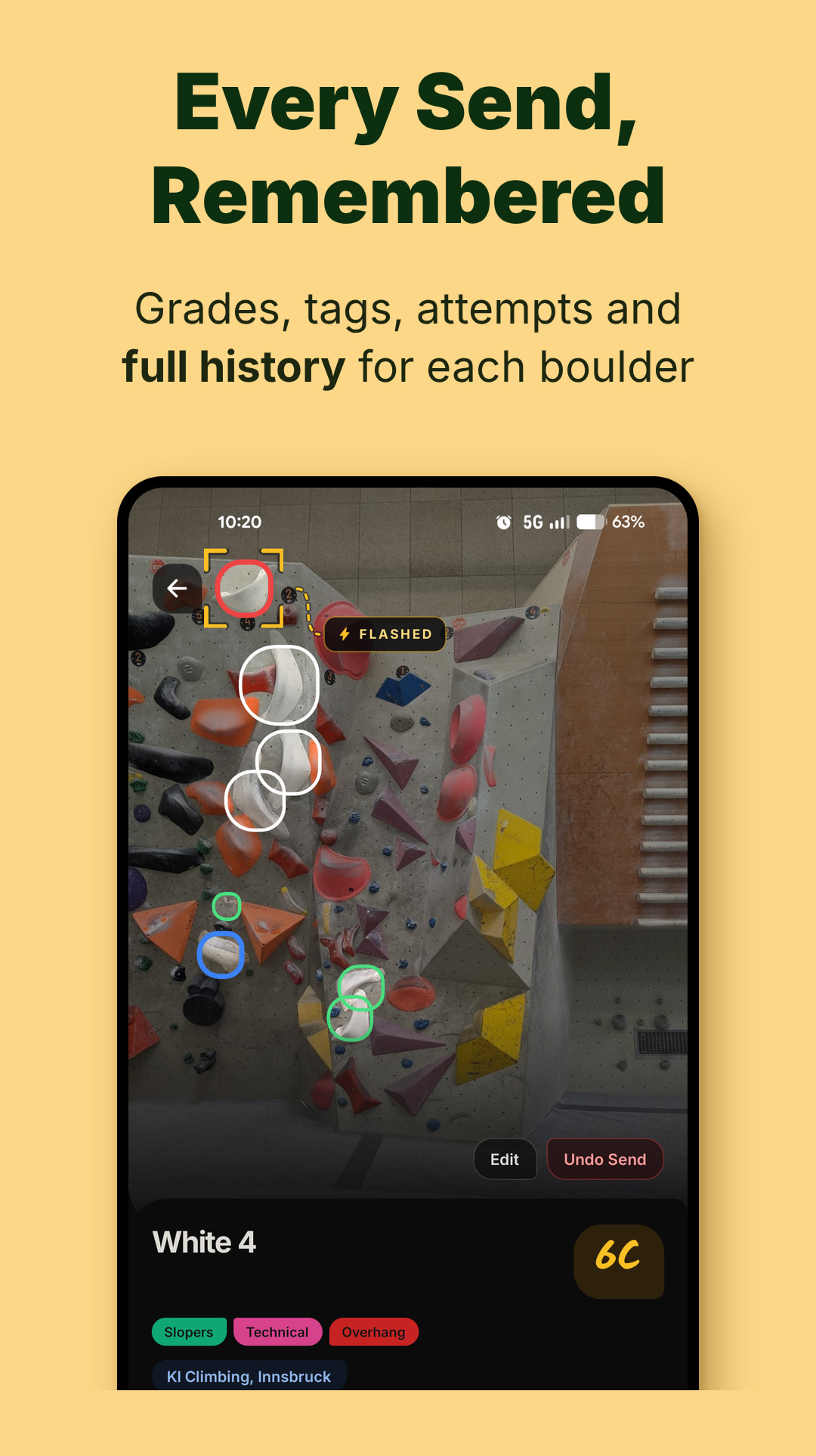 Every send remembered — grades, tags, attempts and full history for each boulder