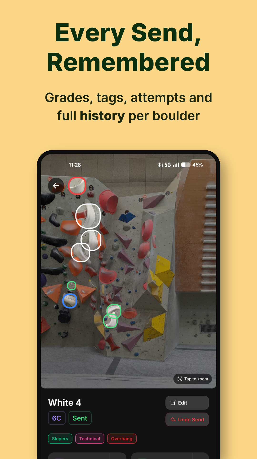 Every send remembered — grades, tags, attempts and full history per boulder