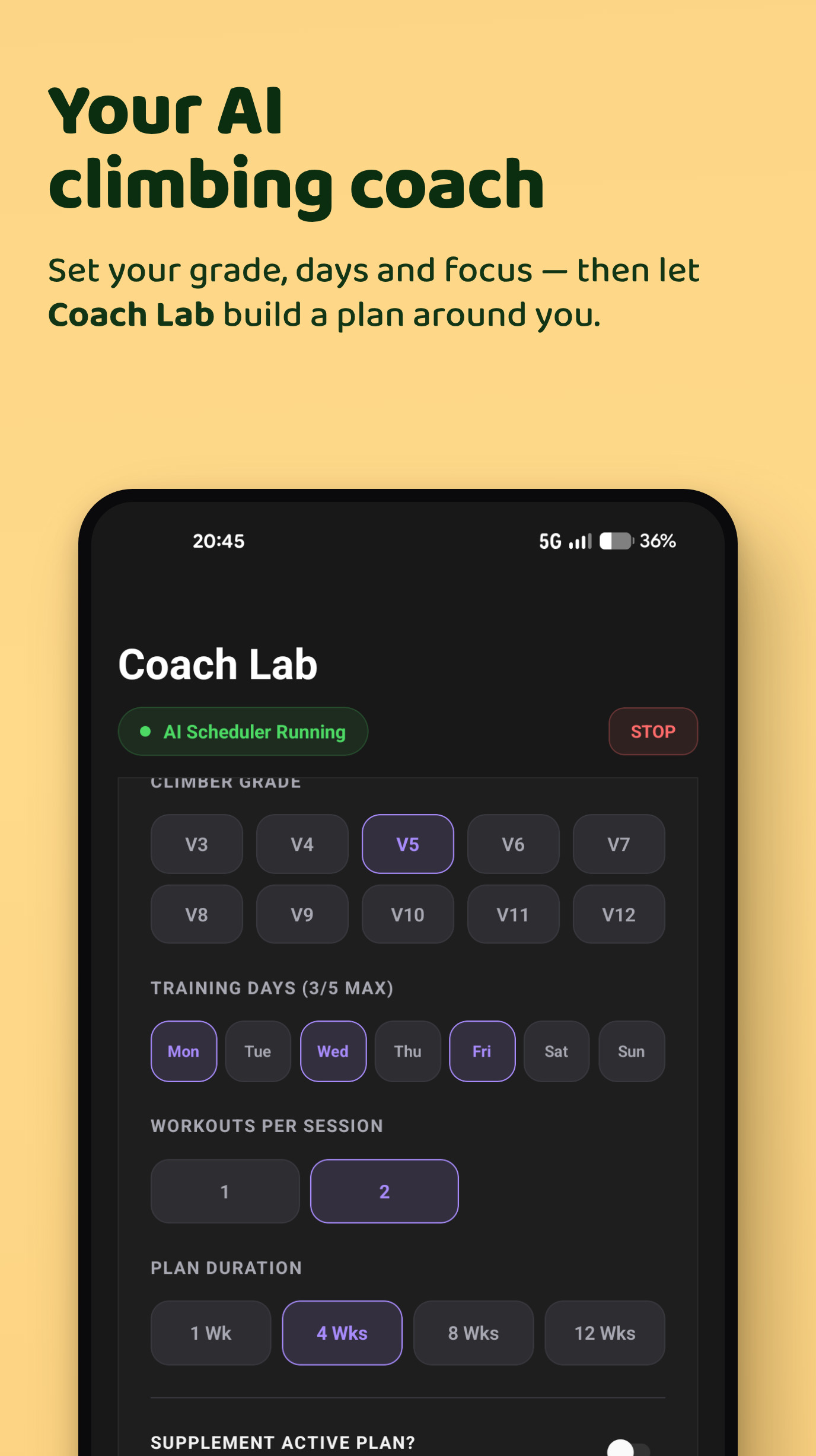 Your AI climbing coach — set your grade, days and focus