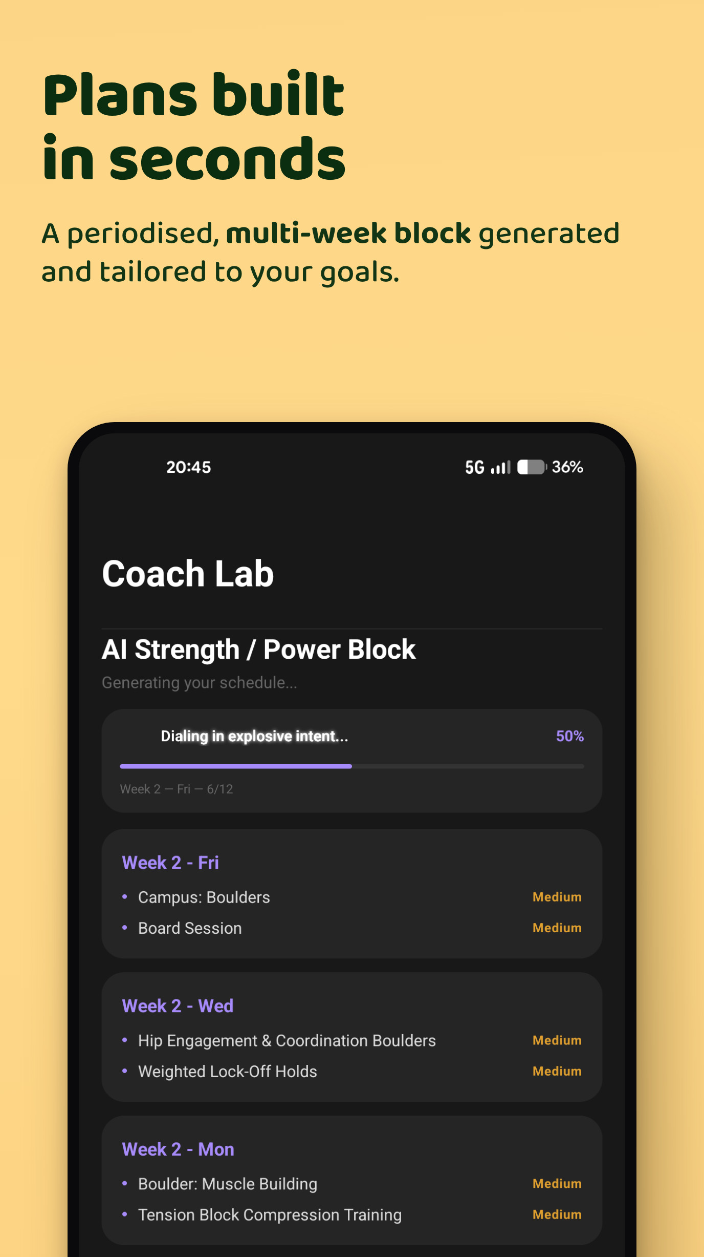 Plans built in seconds — a periodized, multi-week block