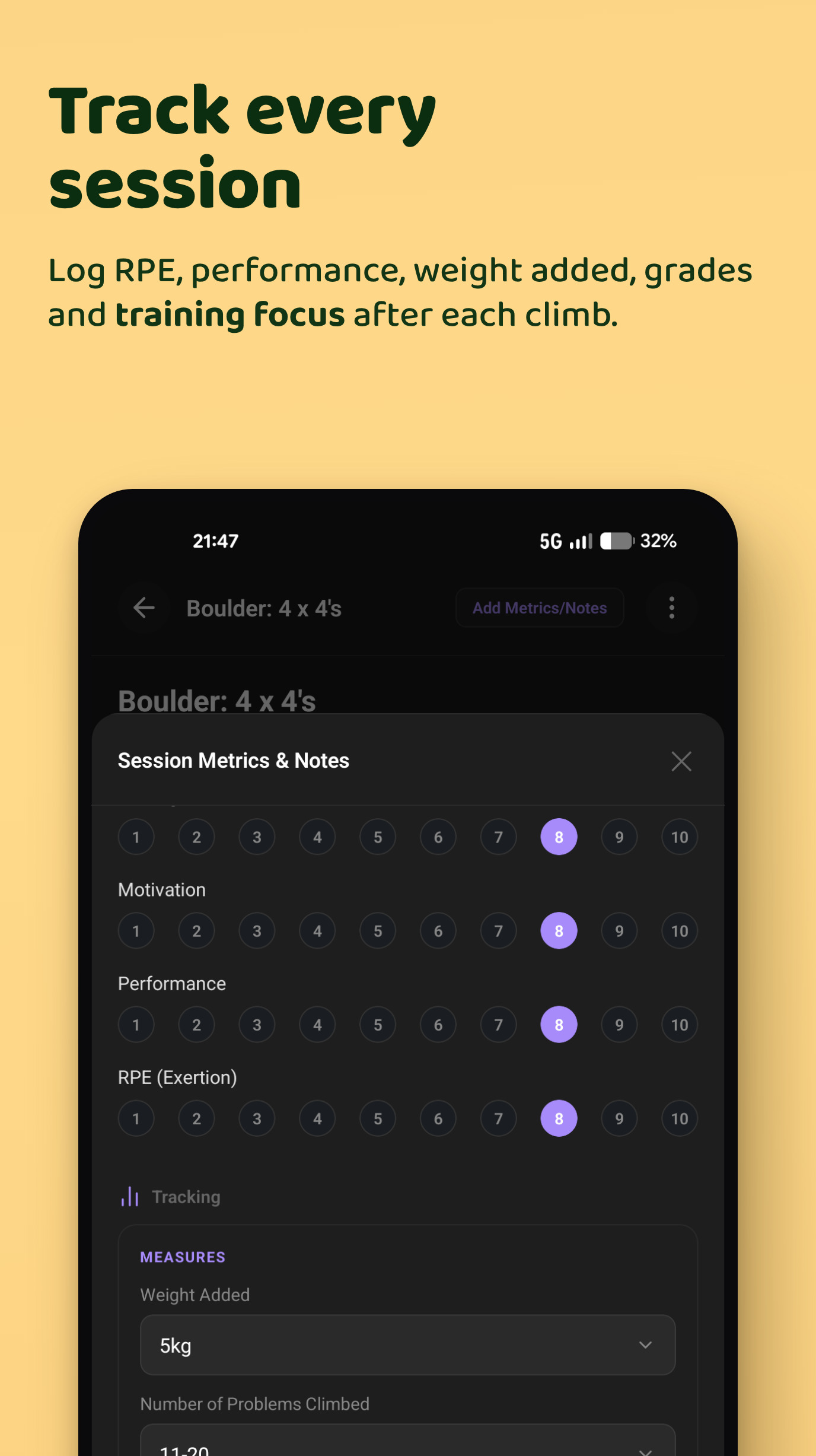 Track every session — RPE, grades and training focus