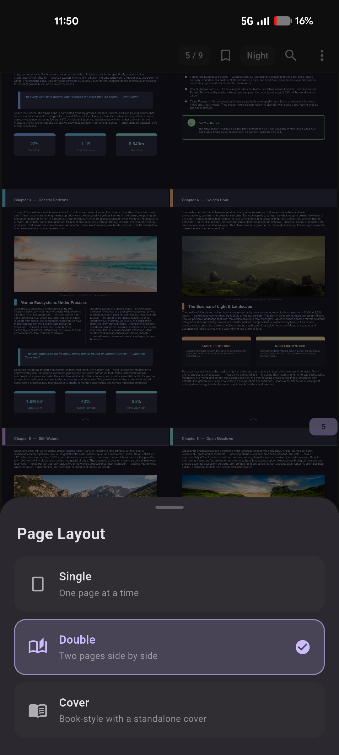 Page Layout picker showing Single, Double and Cover options