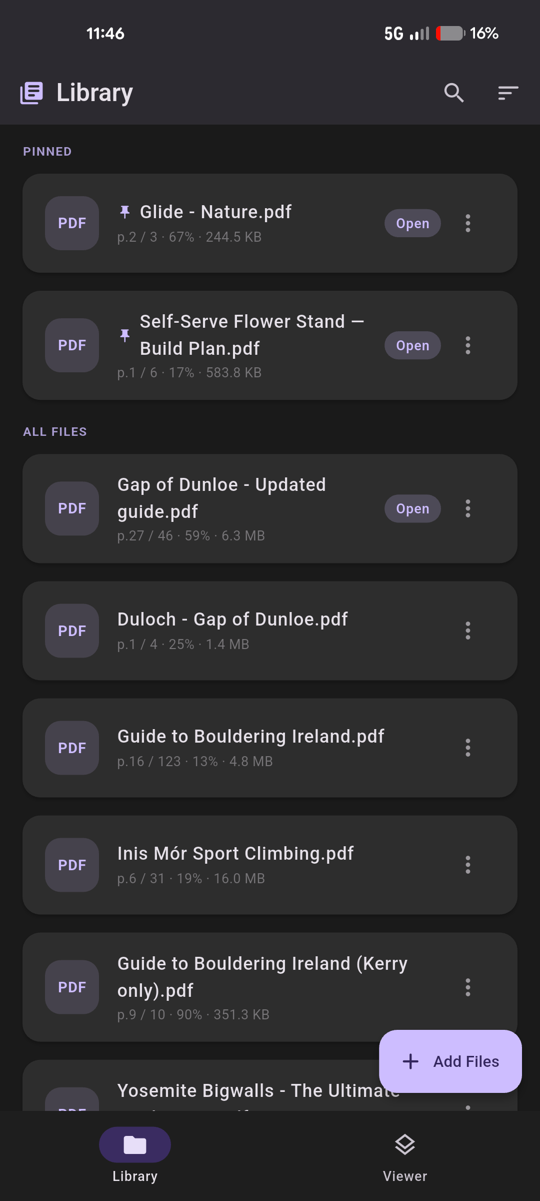 Glide library screen showing pinned documents and reading progress