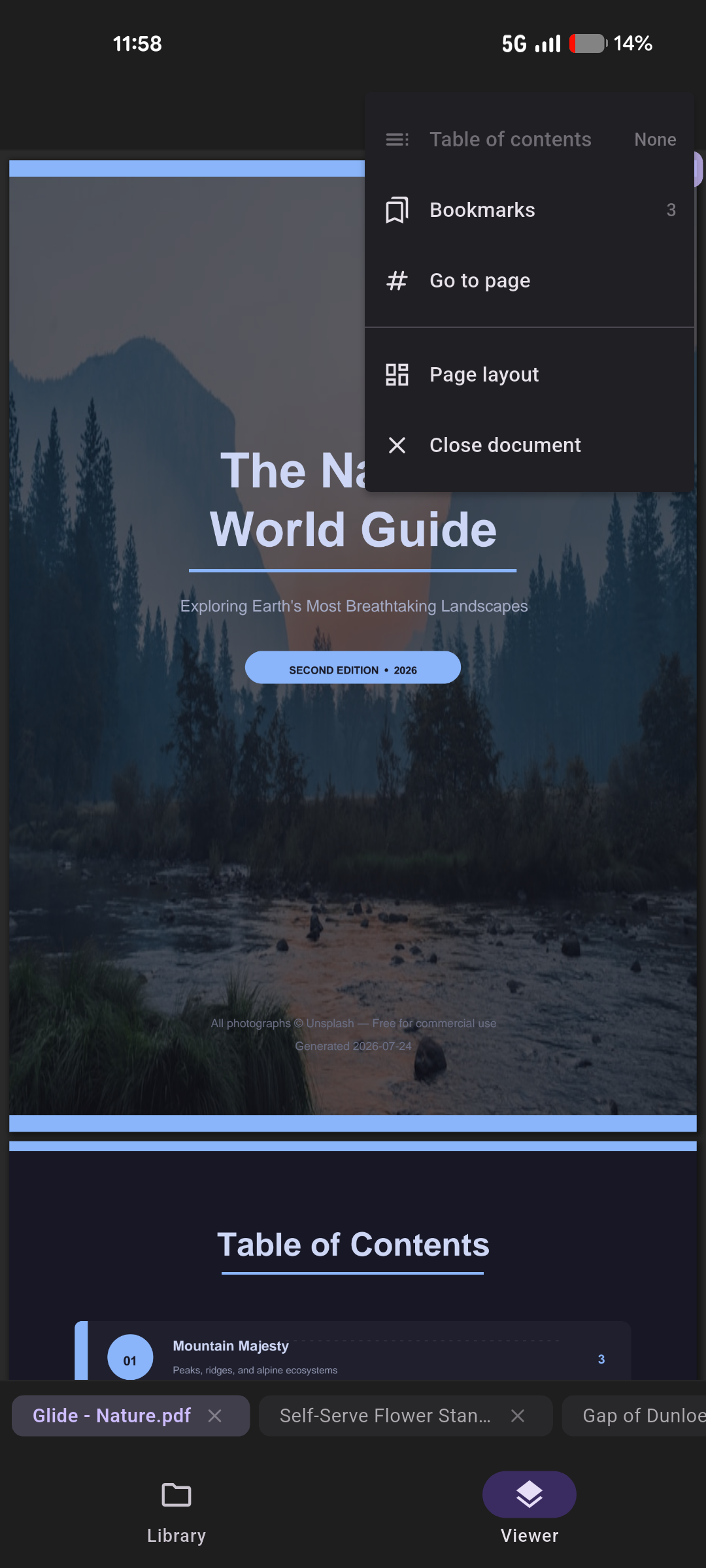 Toolbar overflow menu showing Table of Contents, Bookmarks, Go to page, Page layout and Close